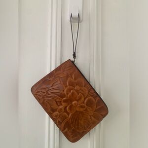 Patricia Nash Brown 9”x7” Floral Tooled Leather Boho Wristlet Wrist Bag